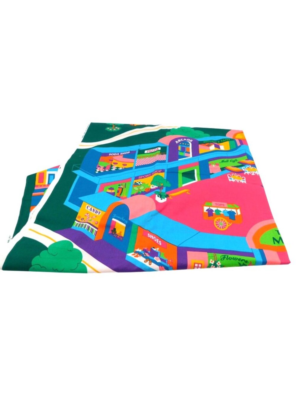 Vintage Cranston Print Works Fabric Colorful Mall Scene 1980s 72" x 45" FLAW